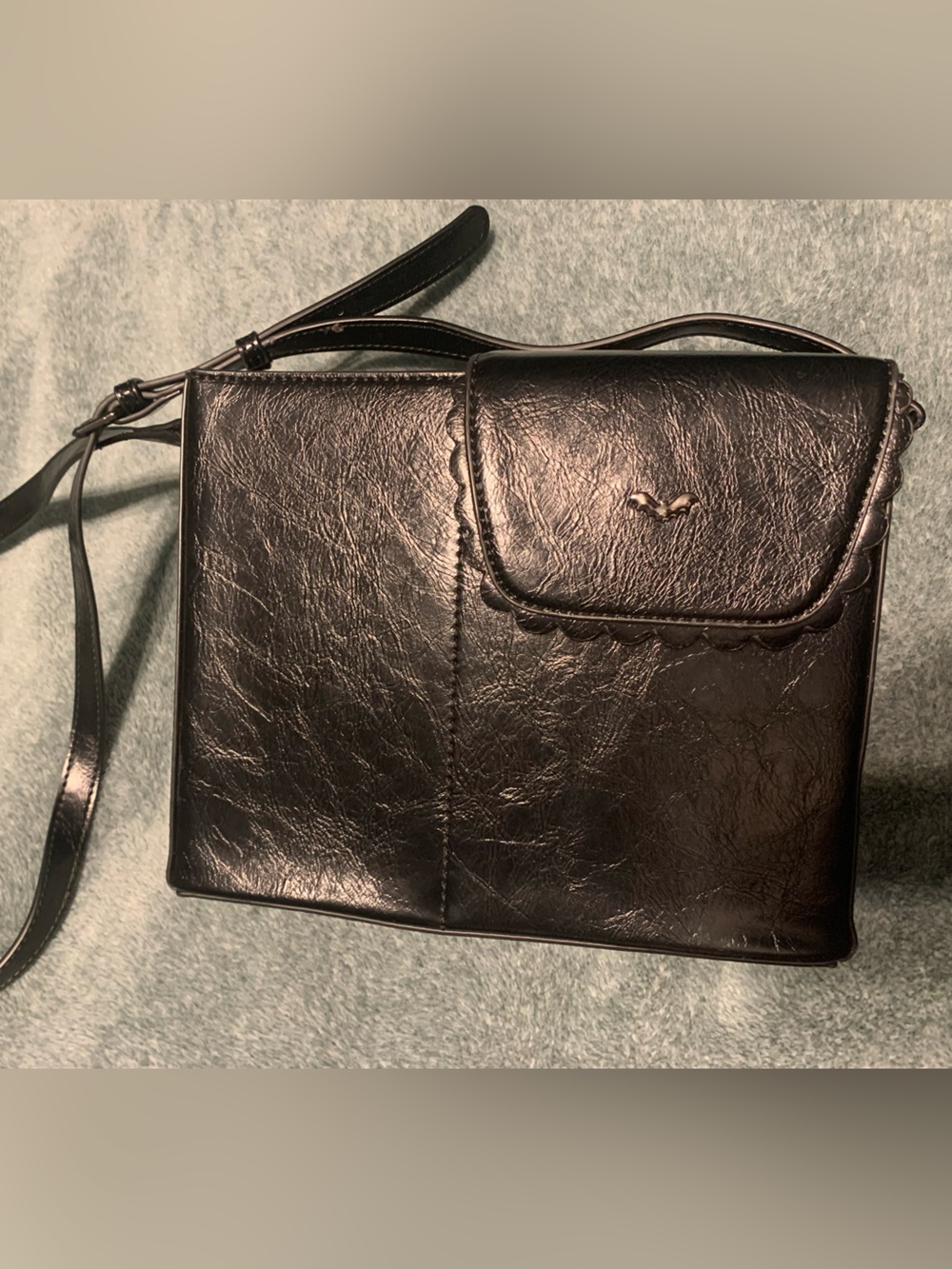 Black Leather Crossbody Bag with Scalloped Flap - purse ! With tumbler space